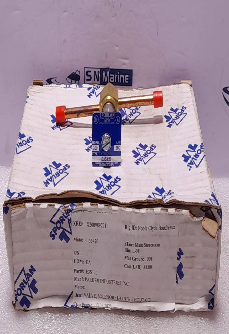 Sporlan E3S120 Solenoid Valve ¼” ODF Solder Connections Less Coil MOPD 300 MRP 500