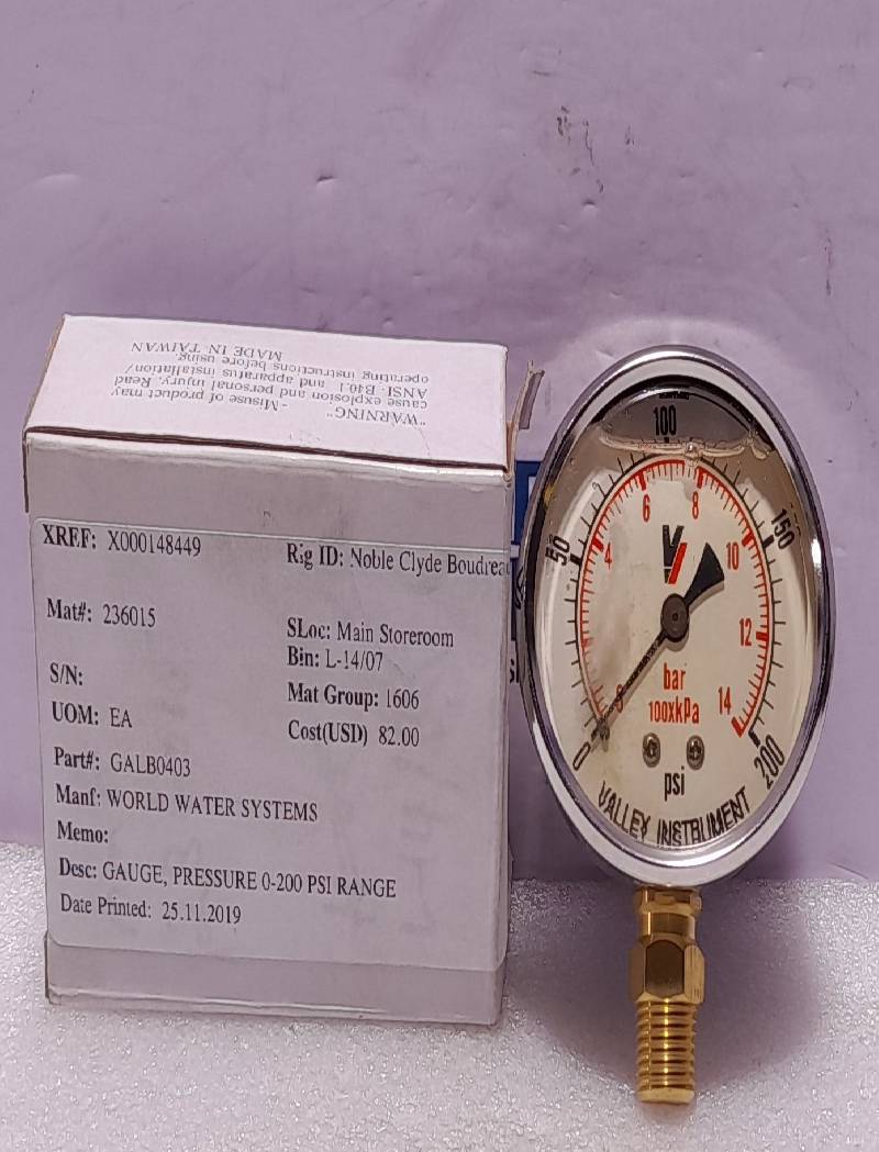 Valley Instruments 2140 GXB 200 Pressure Gauge 0-200 PSI 0-14 Bar