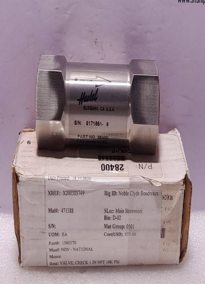 Haskel 28400 Check Valve NOV 1500370 Check Valve 1In NPT 10K PSI