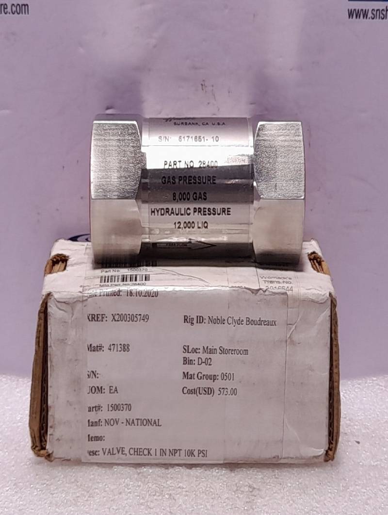 Haskel 28400 Check Valve NOV 1500370 Check Valve 1In NPT 10K PSI