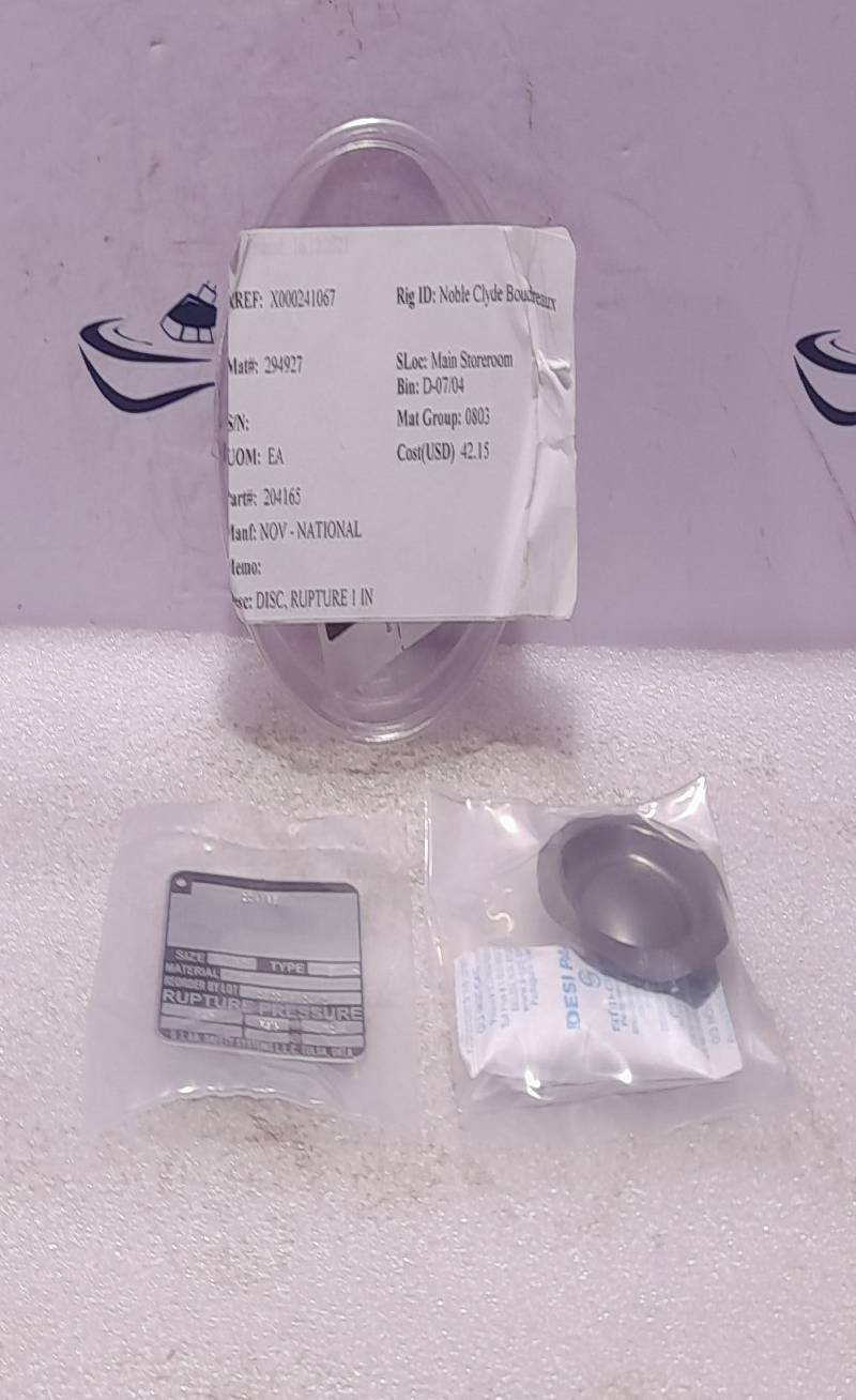 BS & B 204165 Rupture Pressure Size 1” Type B NOV 204165 Rupture Disc 1In 147PSIG @ 72°F`