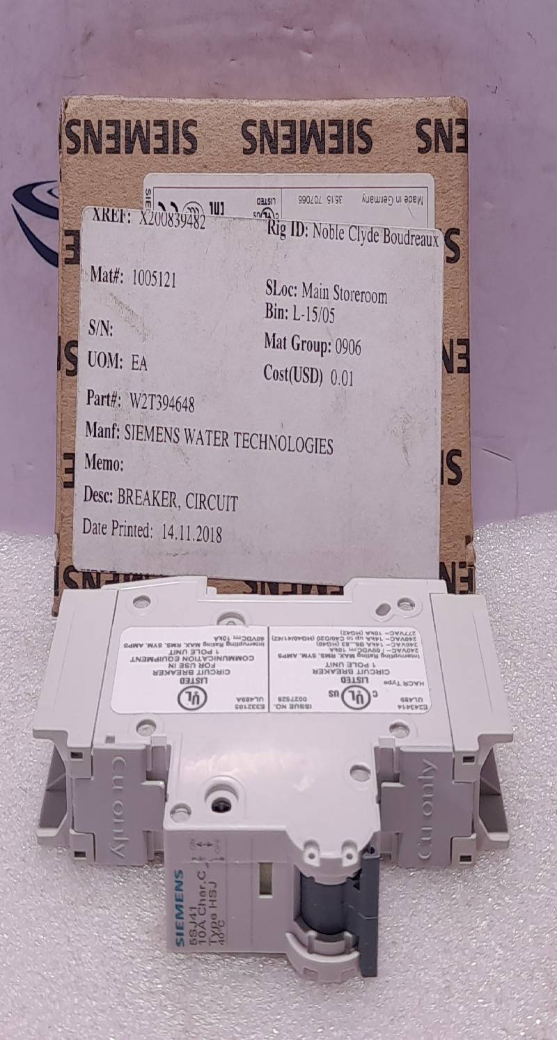 Siemens 5SJ4110-7HG41 Miniature Circuit Breaker Type: HSJ 40C 1Pole W2T394648