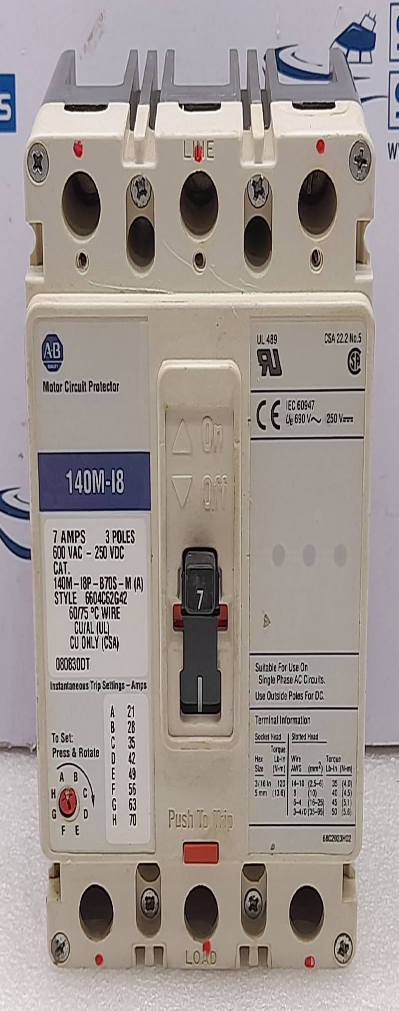 Allen Bradley 140M-I8P-B70S-M(A) Motor Circuit Protector 15AMP 3POLE 140M-I8 600VAC-250VDC