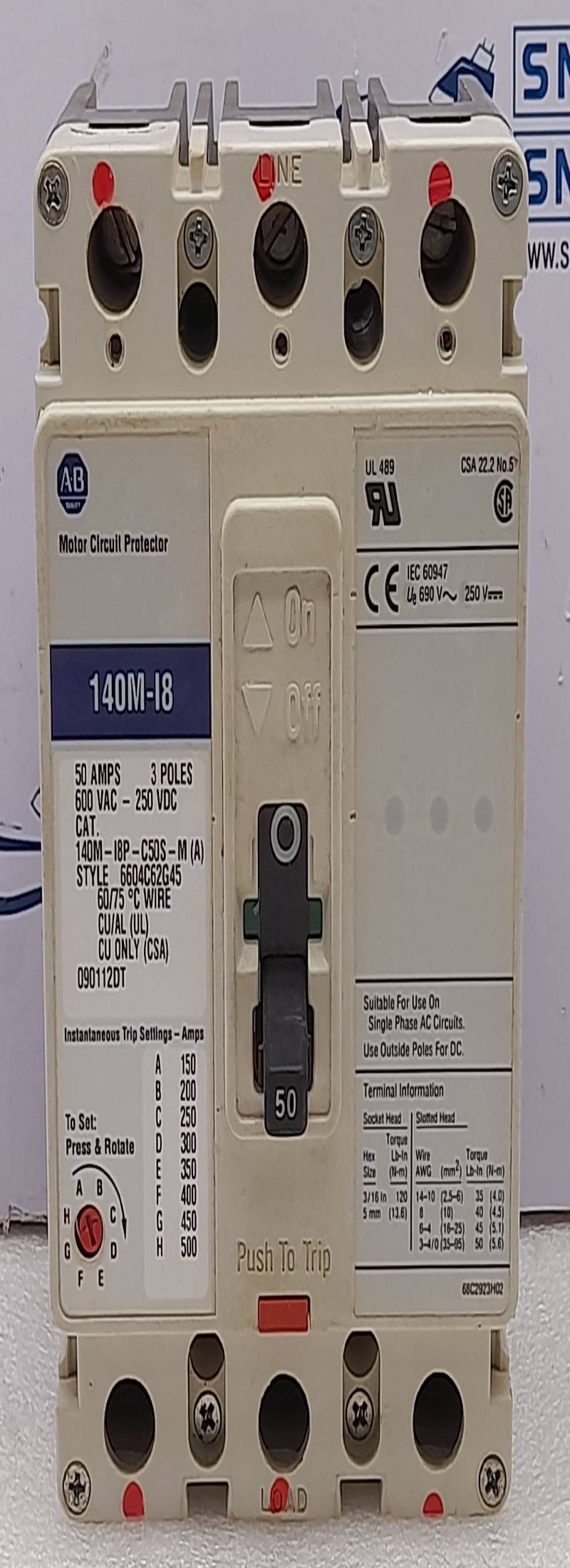 Allen Bradley 140M-I8P-C50S-M(A) Motor Circuit Protector 3Pole 50A 600V 6604C62G45