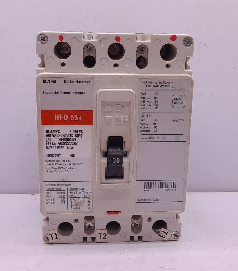 Eaton Cutler Hammer HFD3030VL Circuit Breaker 30A 3P HFD 65k