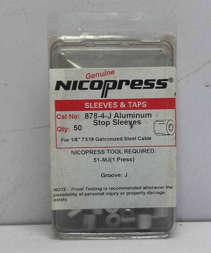 Nicopress 878-4-J Aluminum Stop Sleeves For 18” 7x19 Galvanized Steel Cable - 50PCs/Pack