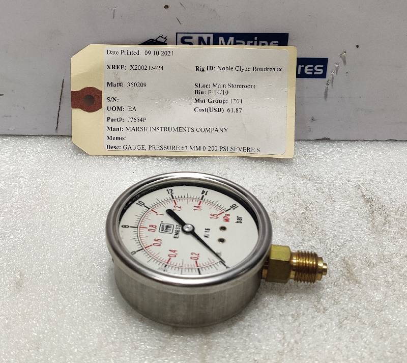 Marsh J7654P Pressure Gauge 0-200Psi 63MM