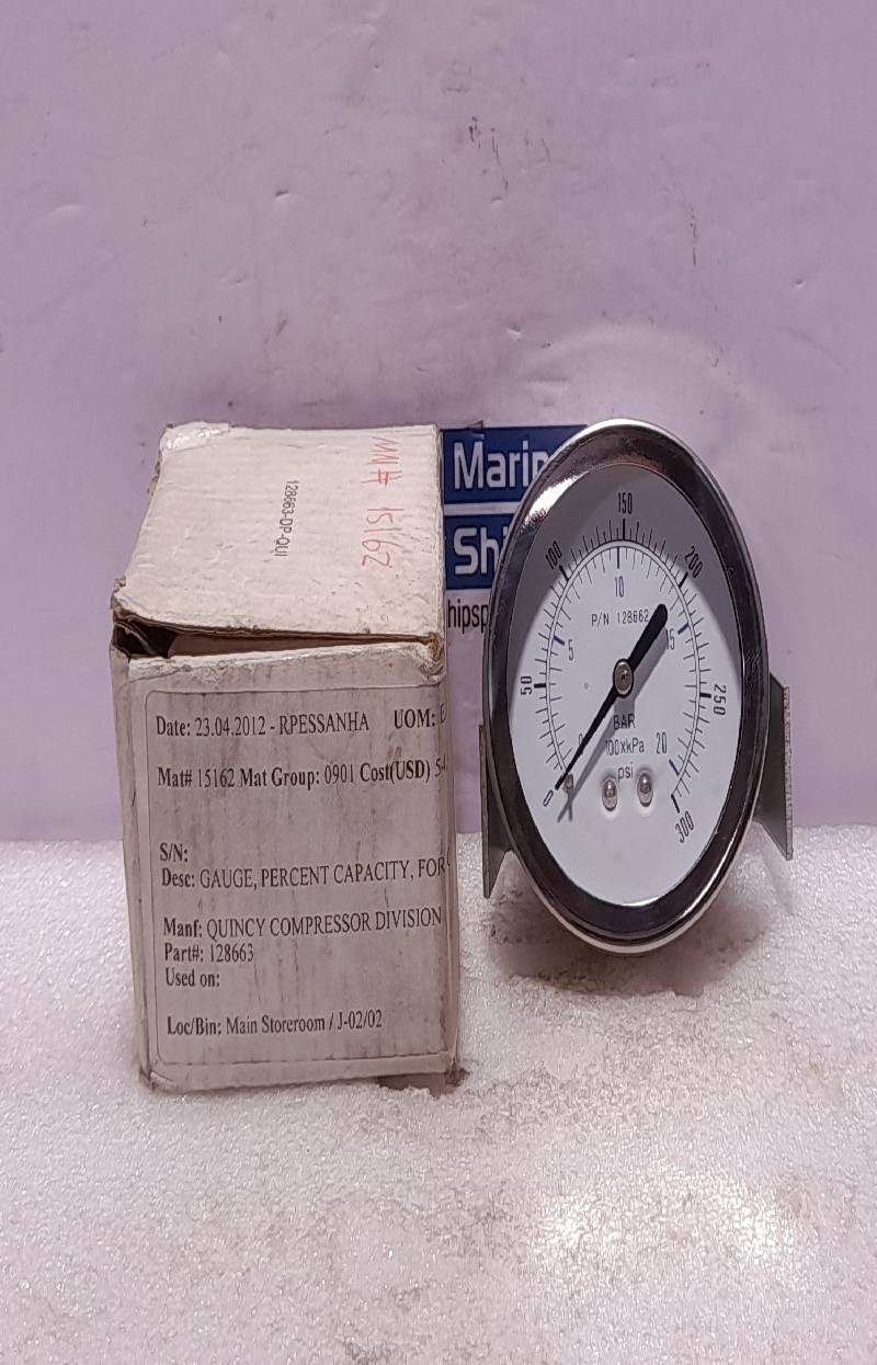 Quincy 128662 Air Pressure Gauge 0-300 PSI BAR 0-20 Percent Capacity