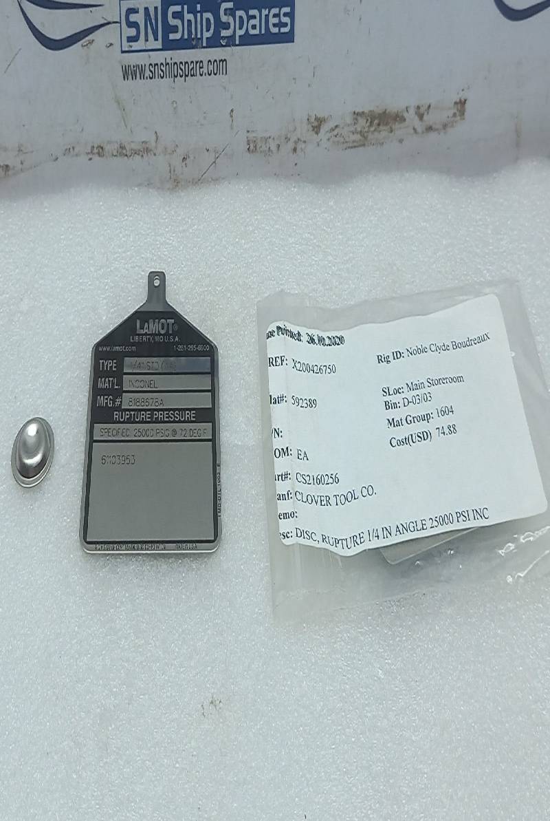 LAMOT 8188678A Rupture Pressure Disc ¼” STD (AA) Clover Tools CS2160256 7PCs In Lot