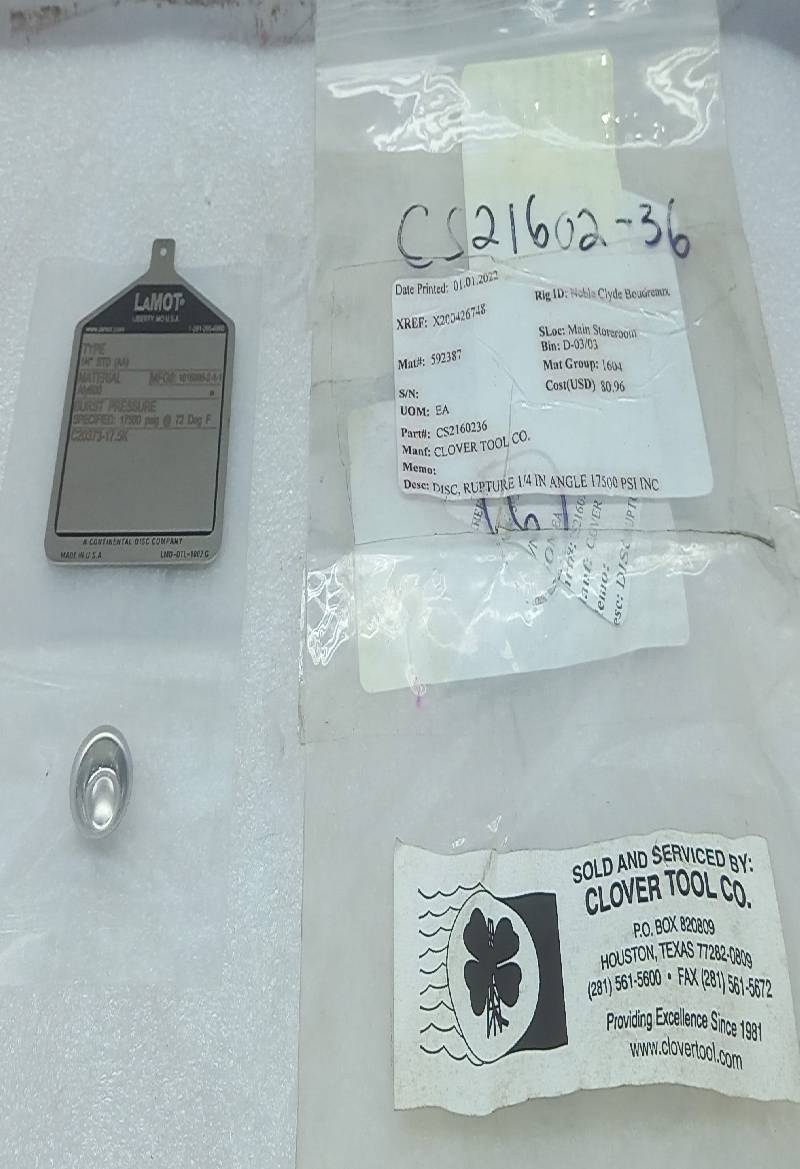 Lamot 1016886-2-1-1 Disc Rupture ¼ Angle 17500PSI Clover CS2160236 3PCs In Lot