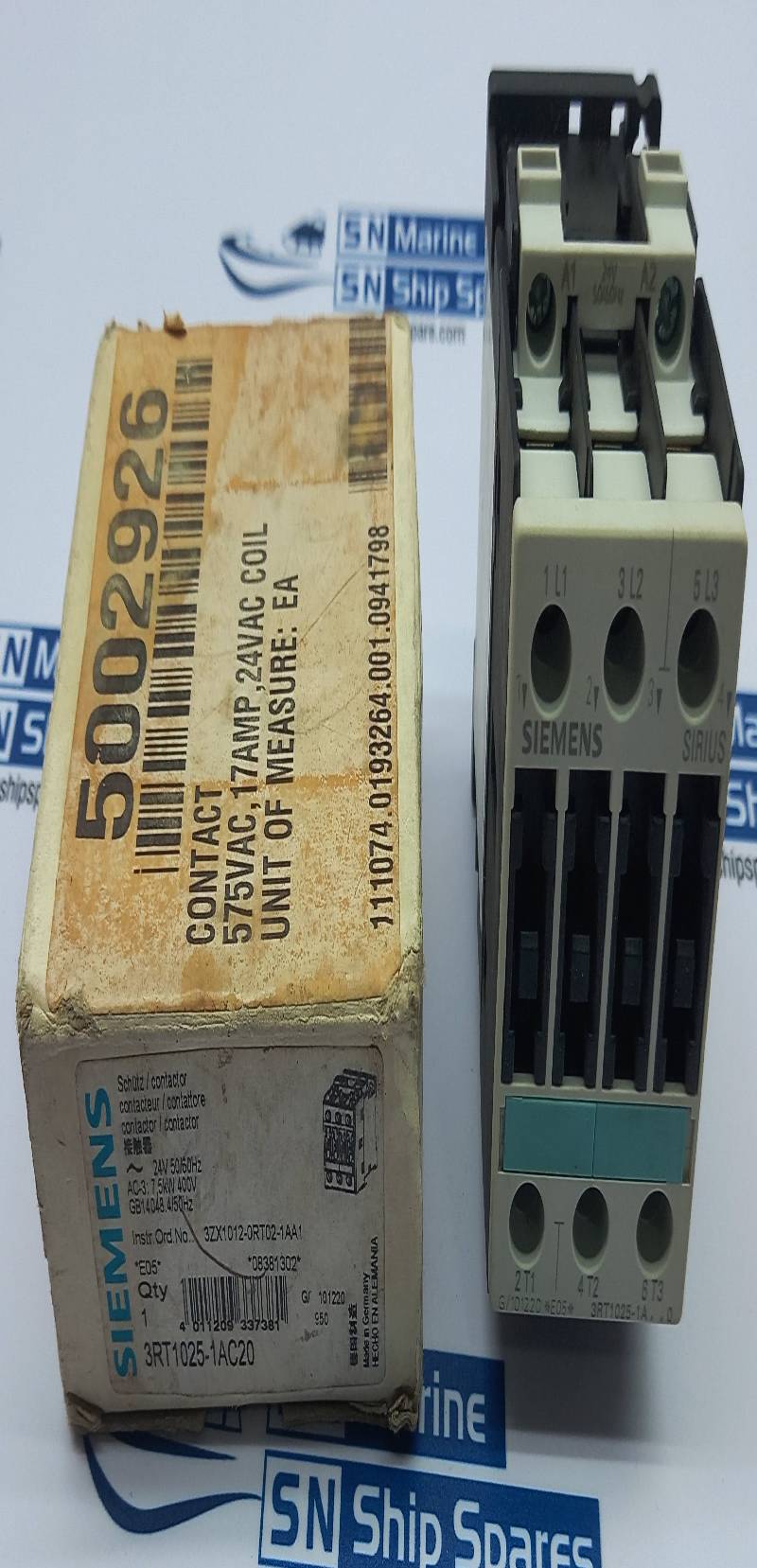 Siemens 3RT1025-1AC20 Contactor 24V 50/60Hz AC-3 :7.5kW 400V 5002926