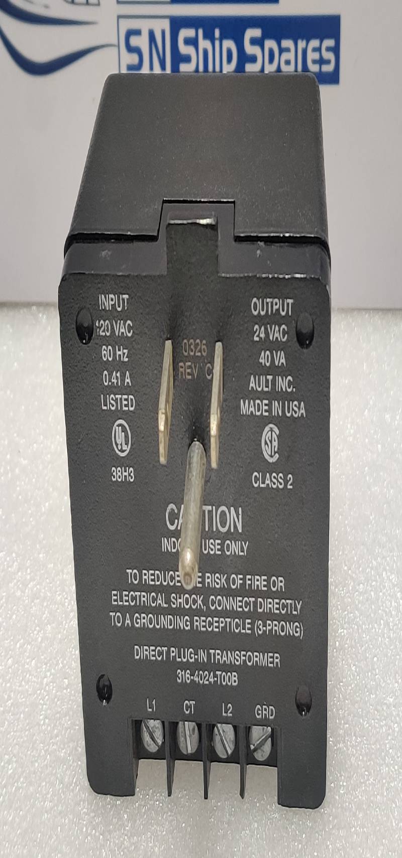 Ault 316-4024-T00B Direct Plug-In Transformer 120Vac 60Hz 0.41A 24Vac 40Va