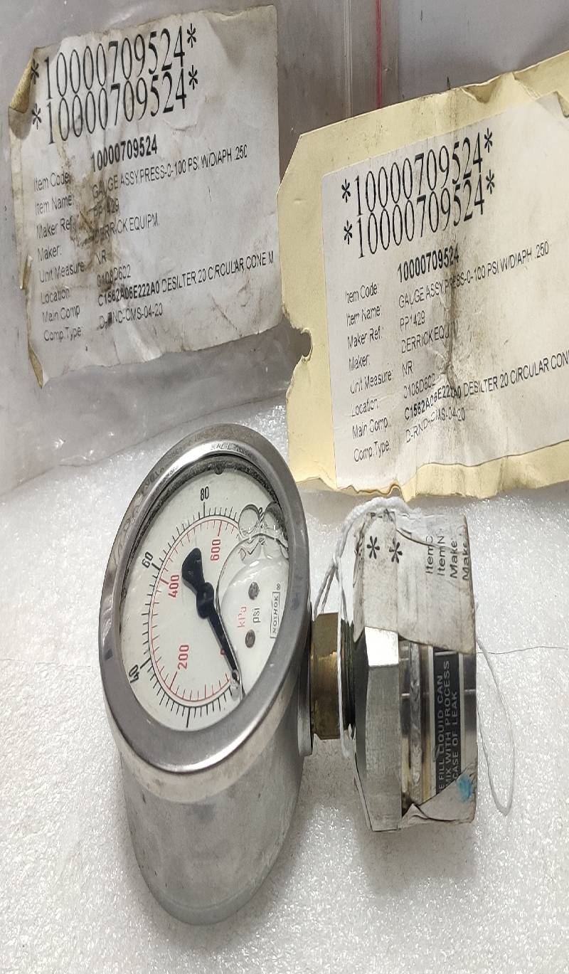 DERRICK PP1429 Pressure Gauge Assembly 0-100Psi 0-600kPa Noshok