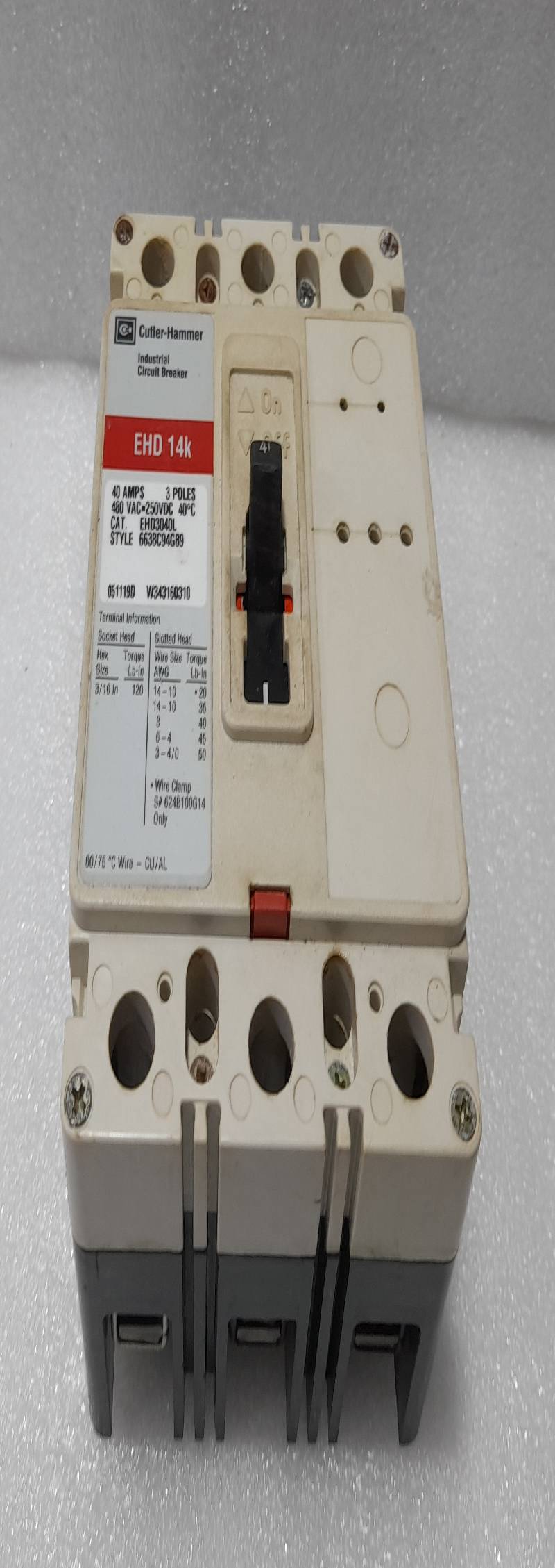 Cutler-Hammer EHD3040L Industrial Circuit Breaker EHD 14k 40amps 3Pole 40°C