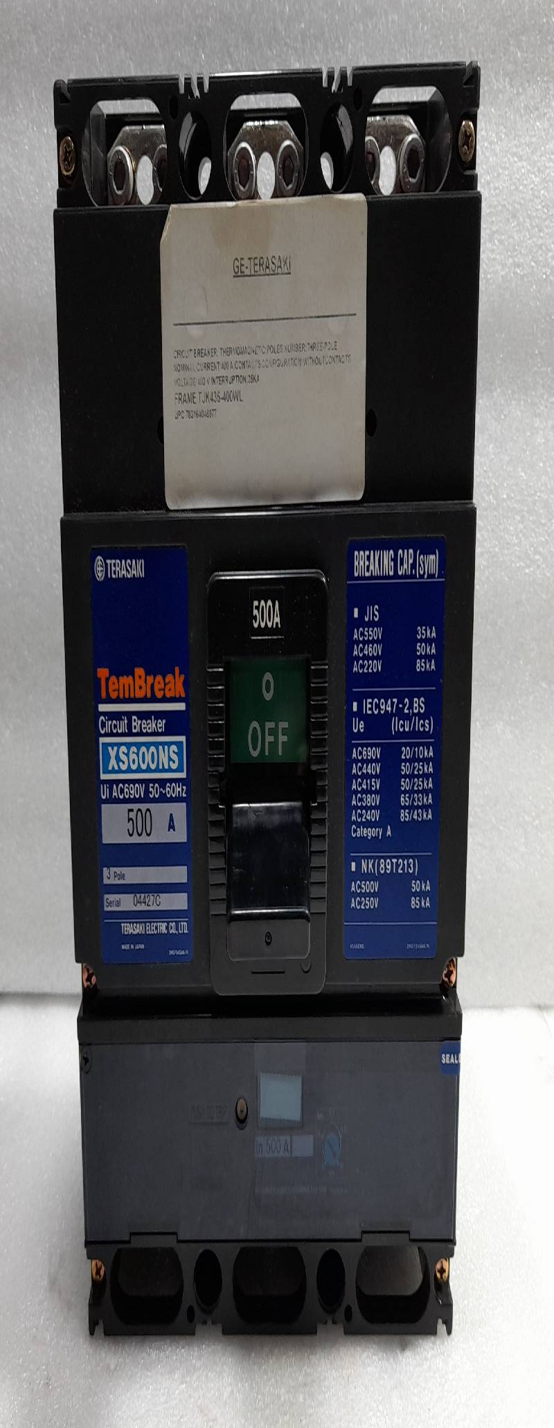Terasaki XS600NS TemBreak Circuit Breaker 3Pole 500A Ui: AC690V 50~60Hz