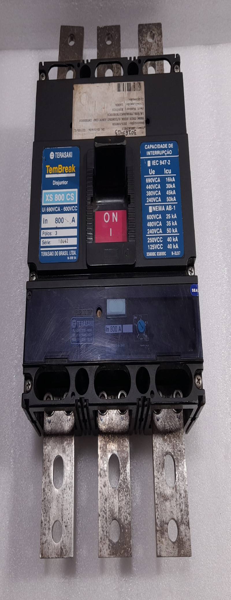 Terasaki Electric XS 800 CS TemBreak Circuit Breaker 800A 3Poles Ui: 600VAC-600VCC