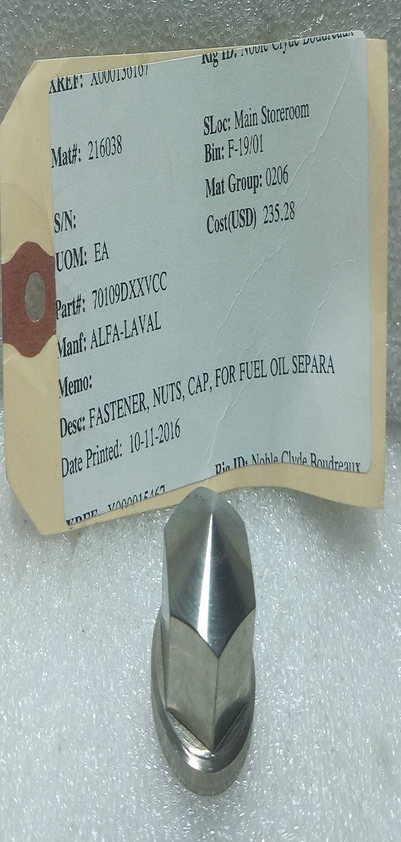 Alfa Laval 70109 Fastener Nuts Cap For Fuel Oil Separator 